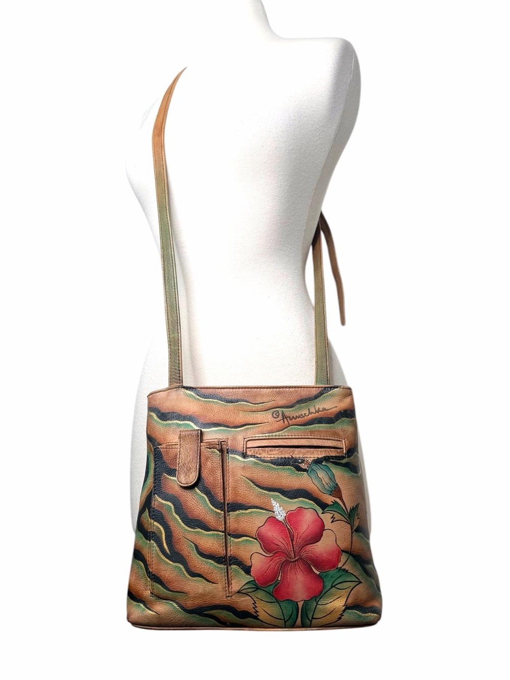 ANUSCHKA HAND PAINTED CROSSBODY LEATHER PURSE.